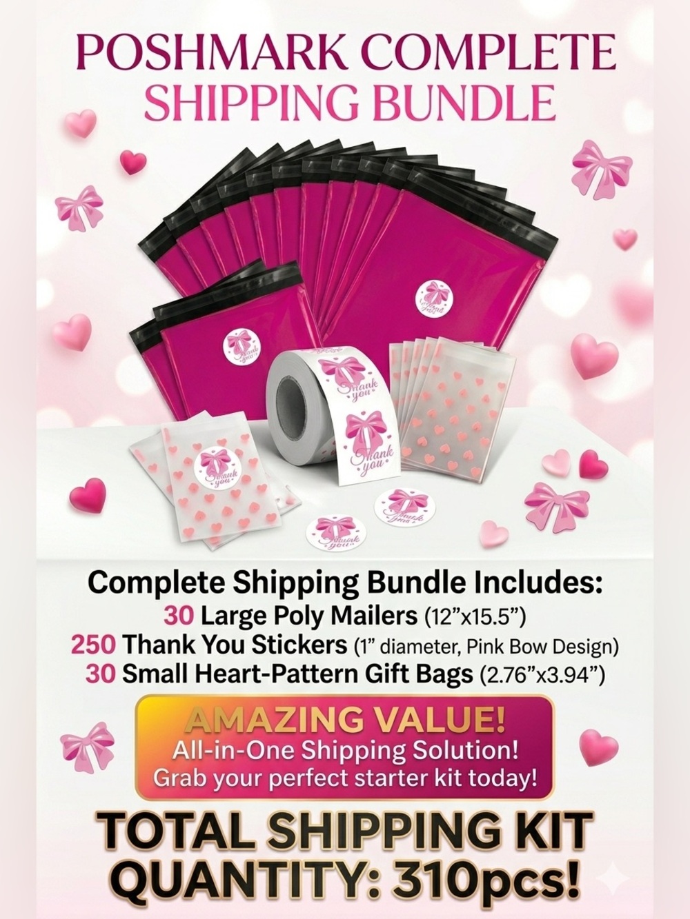 310 pcs Shipping Bundle: 30 L Poly Mailers 12x15.5”, 30 Gift Bags & 250 Stickers - Picture 11 of 11